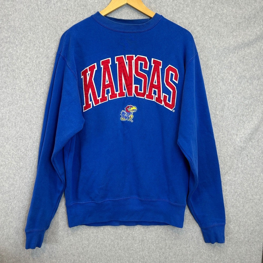 J America Kansas Jayhawks Sweatshirt Pullover Blue Embroidered Logo Size Large
